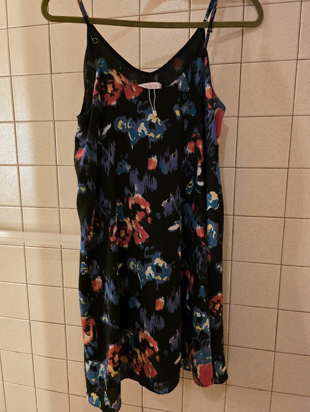 Izzy And Lola Black Floral Slip Dress with Blue & Coral Accents